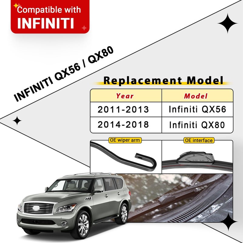 Raintok Windshield Wiper Blade Set Replacement for 2011-2013 Infiniti QX56/2014-2018 Infiniti QX80 and Rear Windshield Wiper Blade-24"/19"/10" (Set of 3) U/J HOOK - Image 2